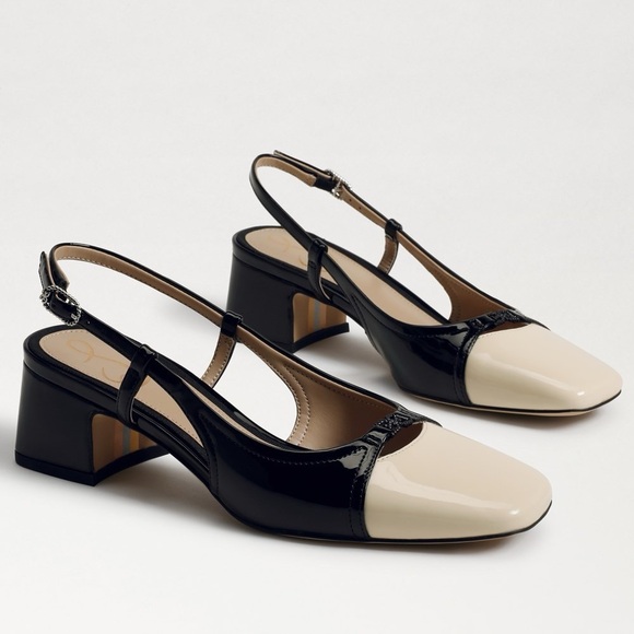 Sam Edelman TARRA SLINGBACK Black and Cream Block Patent Leather Heels Size 8 - Picture 1 of 13